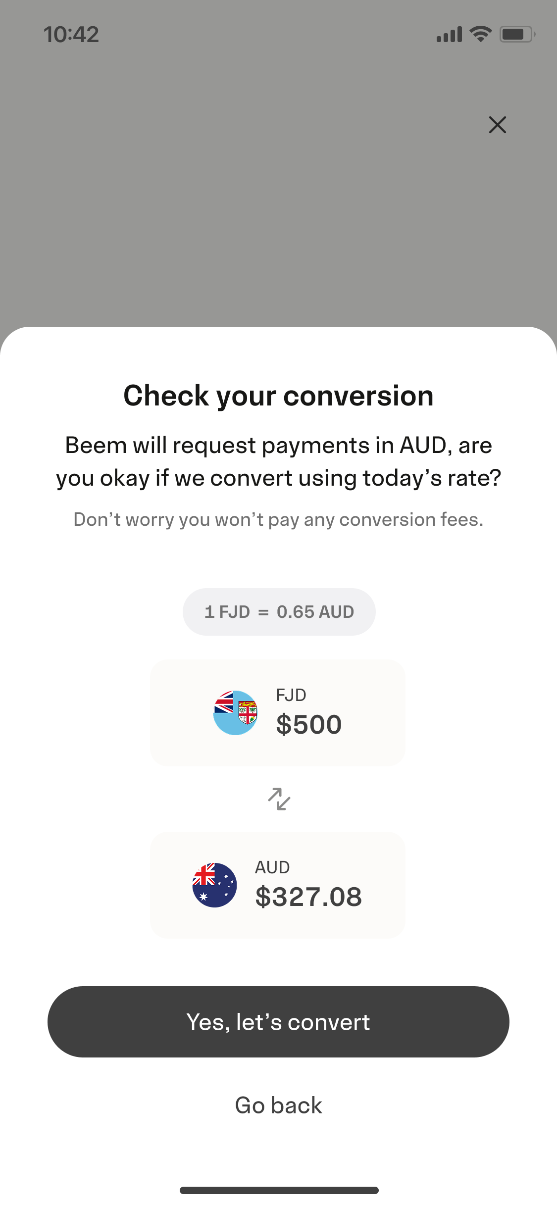 Beem travel concept currency conversion screen