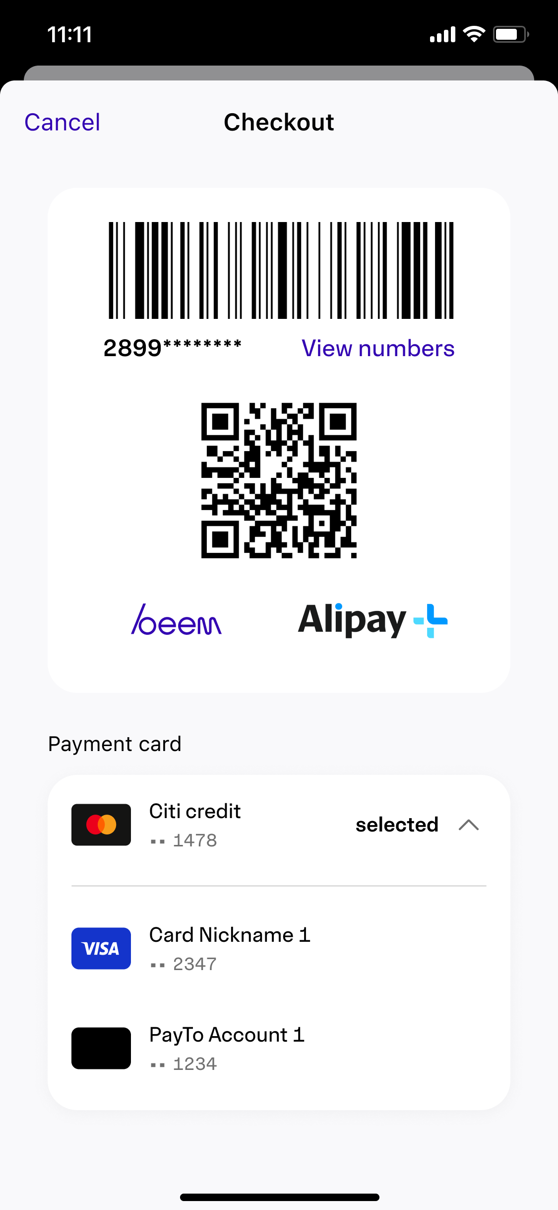 Beem travel concept wallet screen